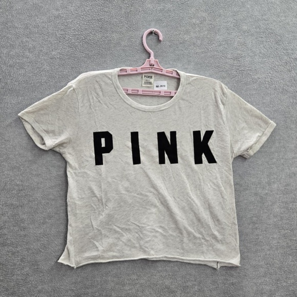 PINK Victoria's Secret Women Shirt M Light Gray Logo Crew Neck Pullover